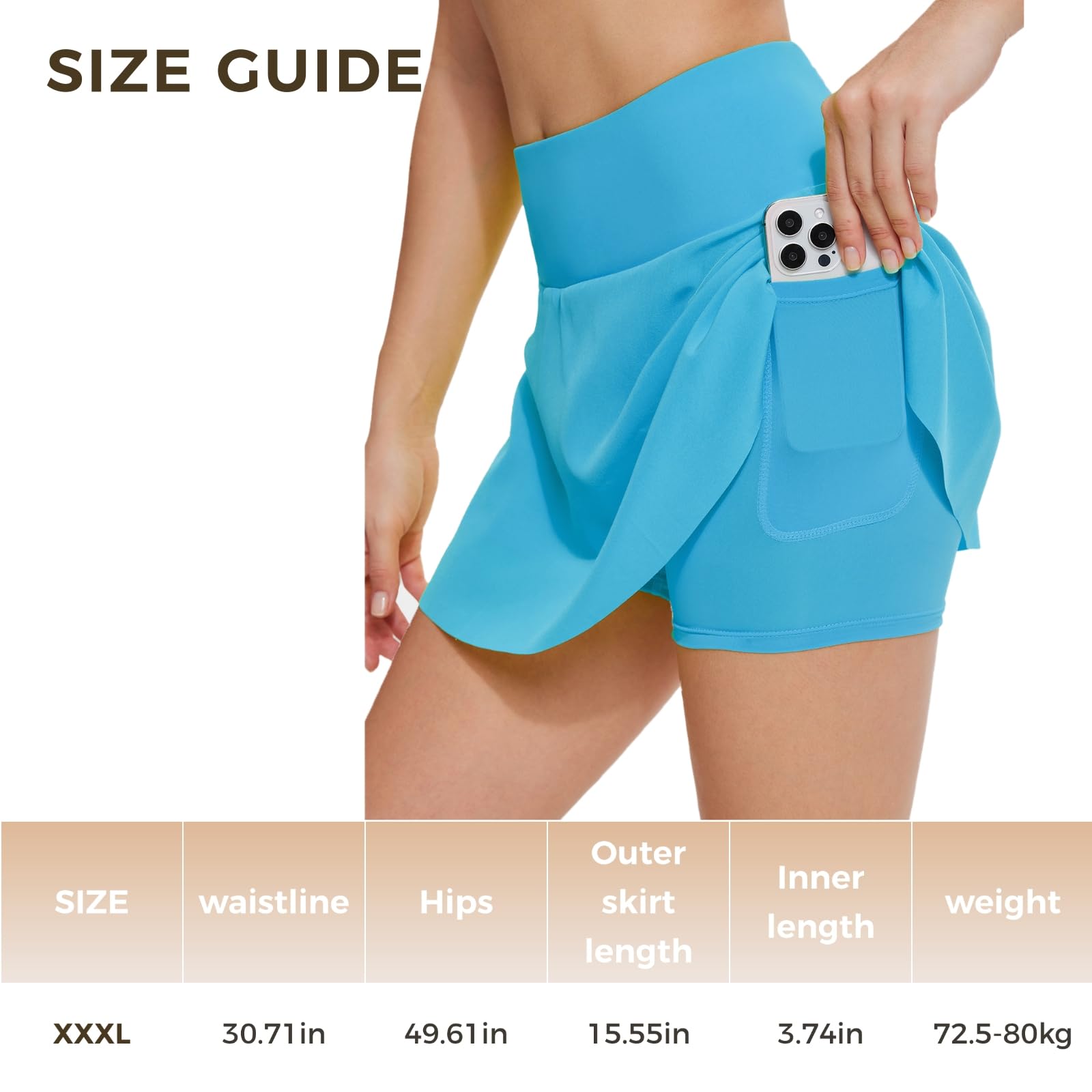 Jupes de tennis pour femme avec short et poches intégrées, jupe-short athlétique, polyester-élasthanne hautement élastique, taille XXL, noir