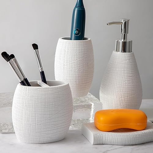 Miniatura 9 de Juego de accesorios de baño, organizador de baño de 4 piezas con vaso de cepillo de dientes, dispensador de jabón, jabonera, vaso, kits de resina
