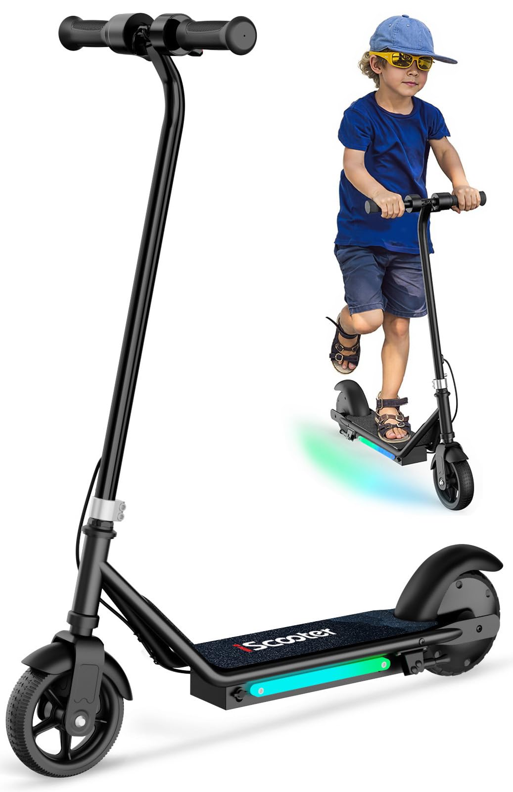 iScooter Patinete eléctrico para niños de 6 a 10 años, 3 Modos de Velocidad (5, 10, 16 km/h), Patinete eléctrico con Ruedas Luminosas de 6 Pulgadas y Luces Coloridas de 7 Colores, E-Scooter de hasta