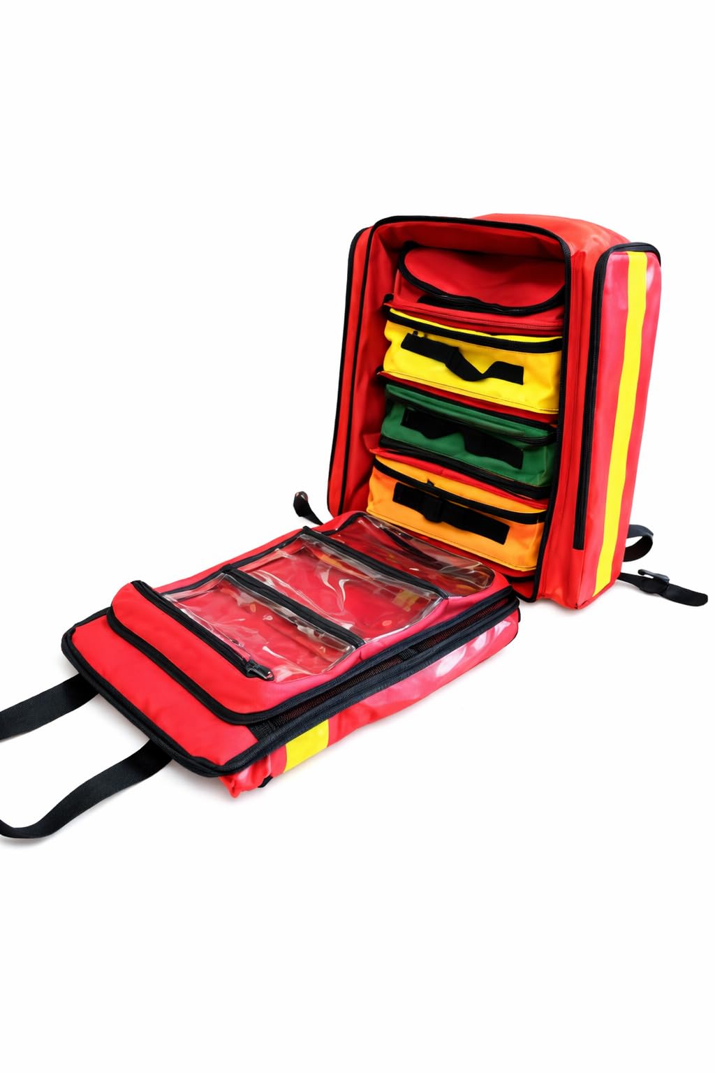 Sac à Dos d'Urgence Médical Professionnel DevaSafe – Sac de Secours Étanche PVC 500D Rouge avec Pochettes Modulables, Bandes Réfléchissantes et Grande Capacité – Idéal Pompiers, Ambulanciers, Premiers