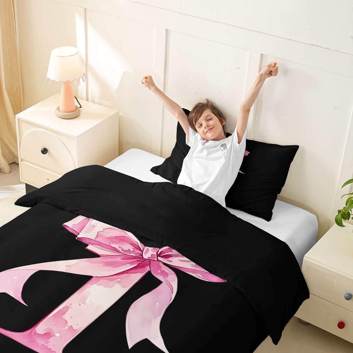 jejeloiu Personalized Initial I Duvet Cover Toddler Size Pink Black Glitter Bow Comforter Cover for Boys Girls Princess Style Bowknot Bedding Set 2Pcs Room Decor No Comforter