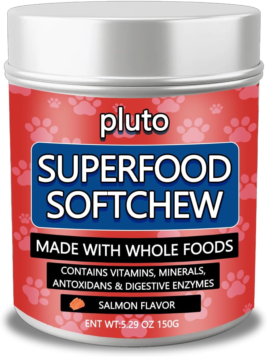 Pluto Superfood Softchew for Dogs, Made with Whole Foods，Contains Vitamins, Minerals,ANTOXIDANS & Digestive ENZYMES | Salmon Flavor,150G