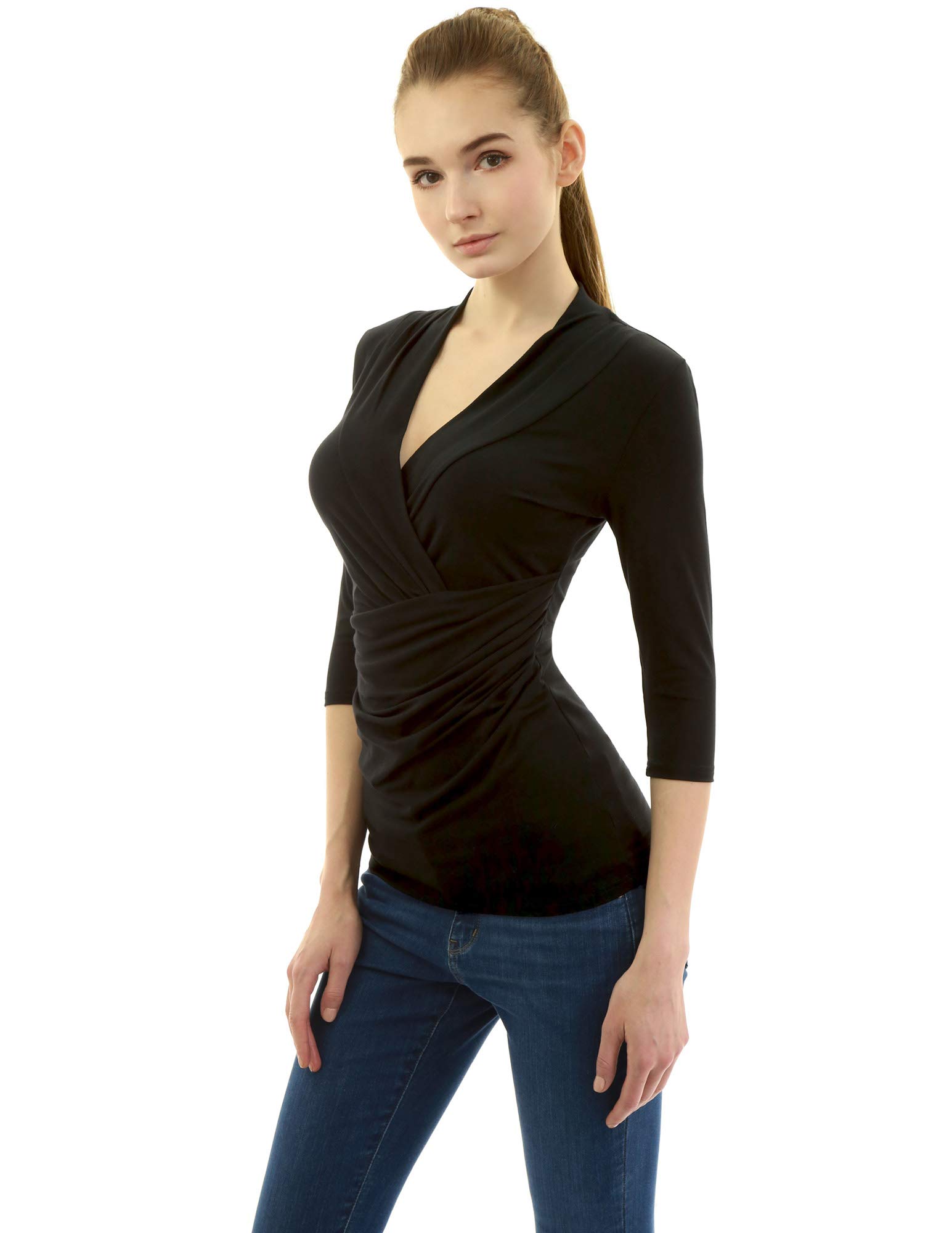 AmélieBoutik Women 3/4 Sleeve Twist Pleated Blouse - Black - Small