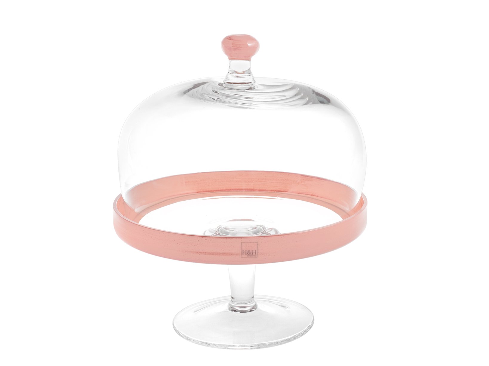 H&H Alzata Vetro con Cupola Pink Cm22 H26 Vassoi da Arredo Tavola Tessili, Trasparente/Rosa, 22x26 cm