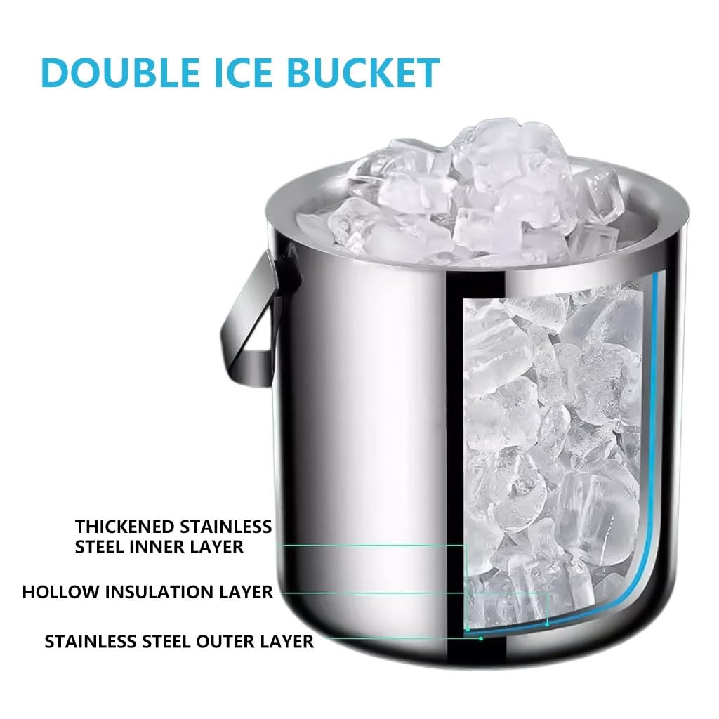 Eiskübel,Champagner-Eimer, Mit Deckel und Zange isolierter Sektkühler Silber Edelstahl hält EIS kalt und trocken Eishalter for Partys Cocktail Wein Home Bar Eiswanne(1.3L)