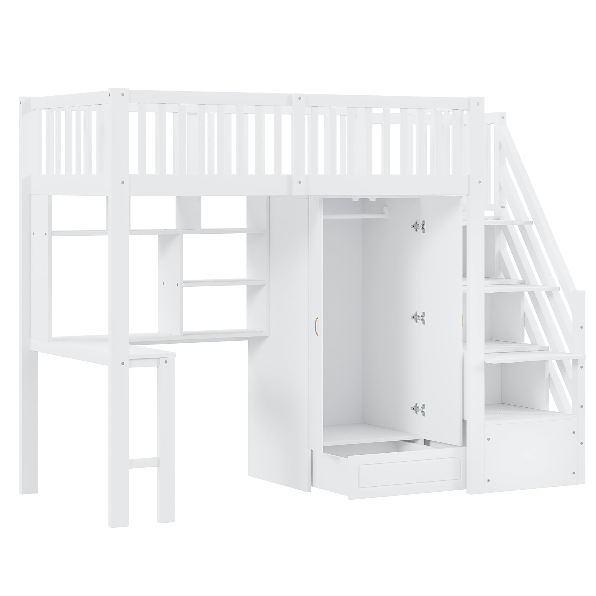 Moimhear 90 x 200 cm hoogslaper, veelzijdig kinderbed, uitgerust met kledingkast, bureau en laden, wit