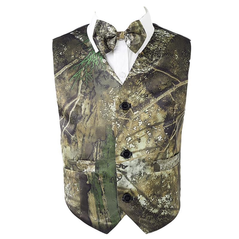 Boys' Vintage Camouflage Vest 3-Button V-Neck Design with Matching Bowtie Stylish Casual Outerwear