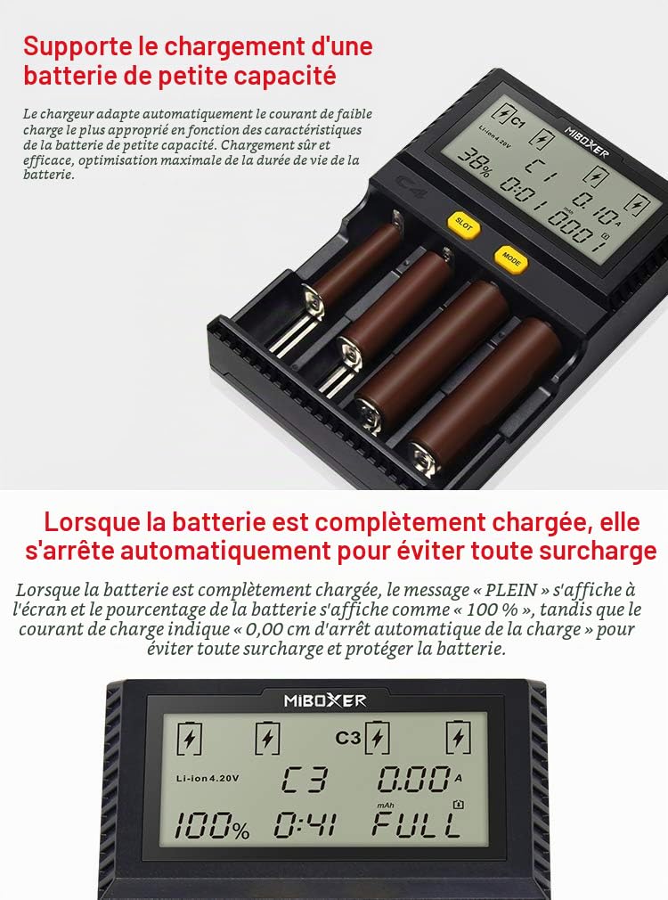 LGIDTECH C4 18650 Chargeur de Batterie Intelligent 4 emplacements avec écran LCD pour Batteries Rechargeables Li-ION (4,2 V/4,35 V)/IMR/INR/ICR/LiFePO4 (3,6 V)/Ni-MH/Ni-CD (1,48 V)