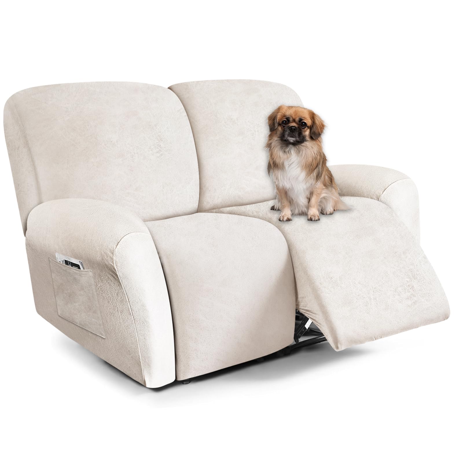 ANARACHON Loveseat Recliner Cover Leather Look Recliner Loveseat Covers Recliner Sofa Cover for 2 Seater Reclining Couch Spandex Fabric Washable 6 Pieces (2 Seater, 02 Beige)
