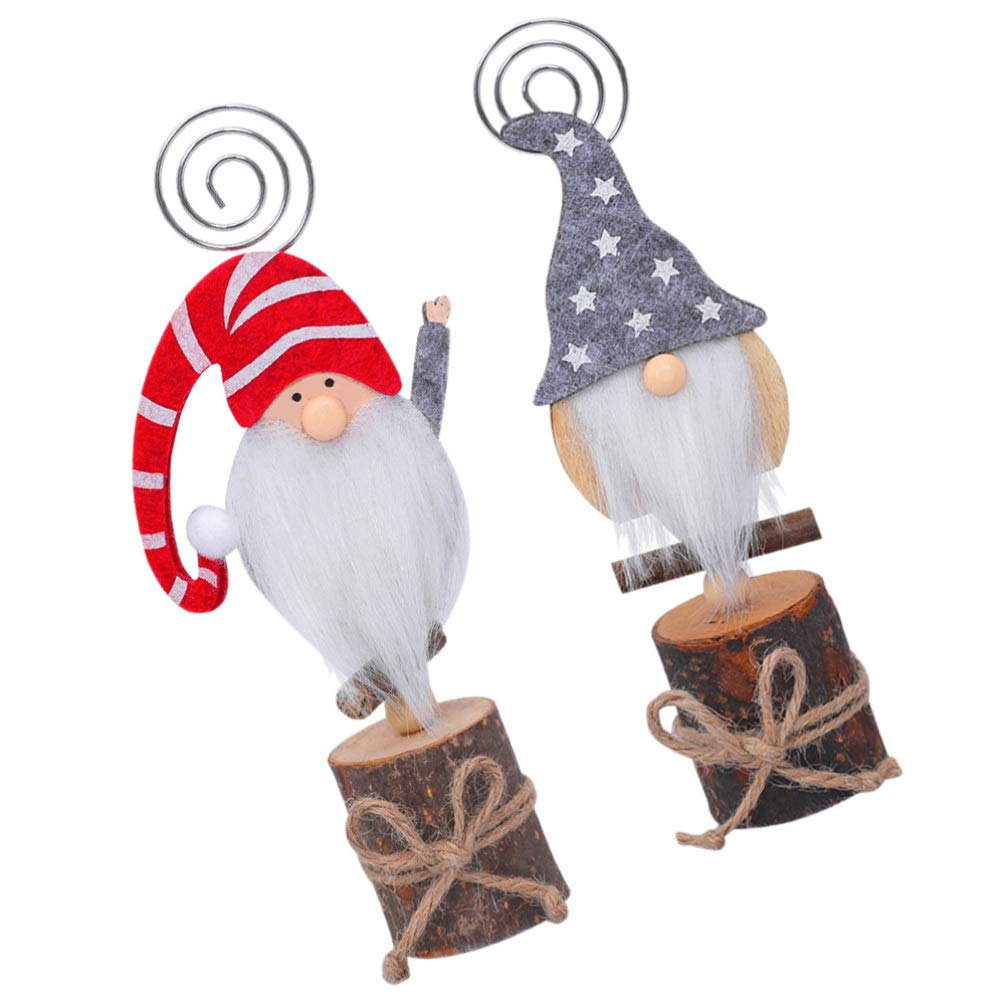 Cabilock 2pcs Place Card Holders Christmas Cute Gnome Santa Table Number Stands Wooden Name Photo Clip Holder for Xmas Holiday Party Decoration