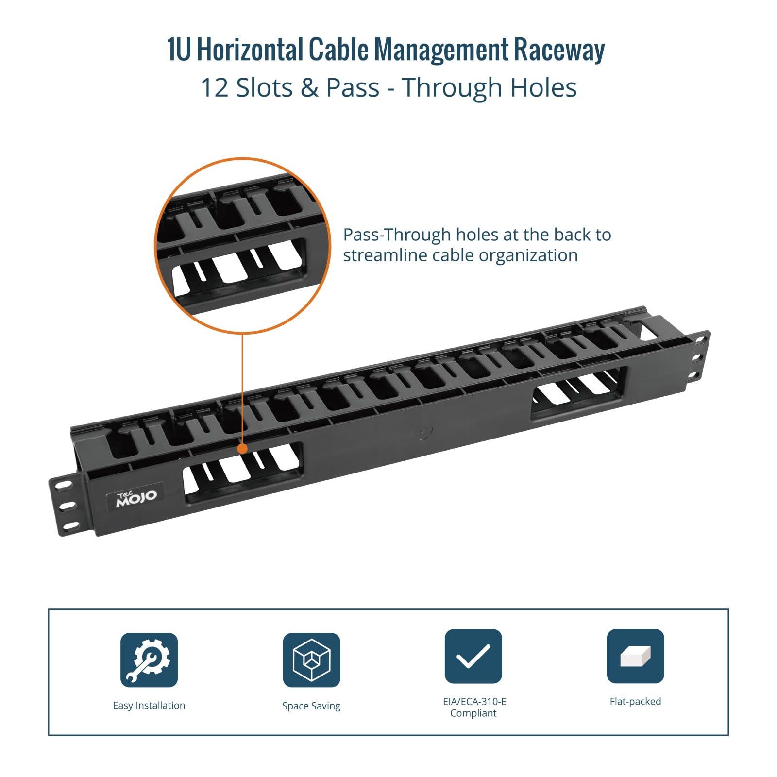 Tecmojo Paquete de 2 estantes de servidor de 1U para gestión horizontal de cables con cubierta, organizador de cables de plástico de 2.6 pulgadas de profundidad, montaje en rack de 12 ranuras