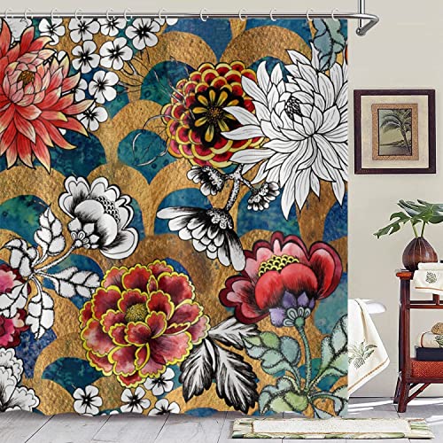 Boho Floral Shower Curtain For Bathroom Bright Color Blooming Flowers Bathroom Curtains Tropical Botanical Green Leaf Retro Ethnic Bath Accessories Decor Waterproof Fabric Bathtub Curtains 65"X72" #TOP6