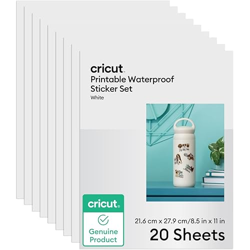Cricut Printable Waterproof Sticker Set, 20 White Sheets (8.5" x 11") - Compatible with Inkjet Printers - For Joy Xtra, Explore, & Maker Machines