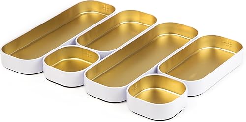 Three by Three Seattle - Juego de 6 bandejas organizadoras de metal poco profundas para almacenar maquillaje, papelería, utensilios y más en