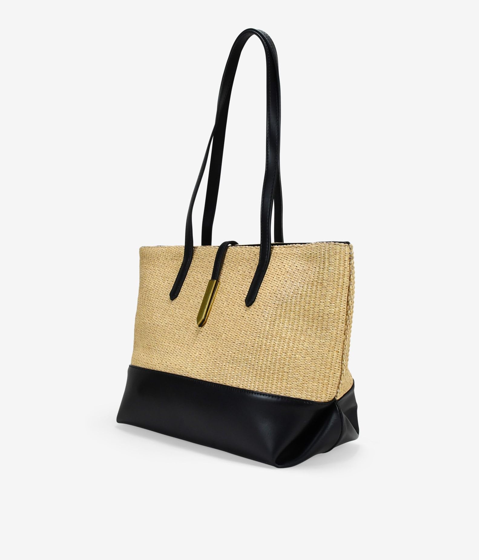 BOSANOVA Bolso de Hombro para Mujer en Rafia Beige con Detalles en Color Negro y pequeña Solapa con Pieza metálica. Asas de Colgar y Cierre con imán. Beige U