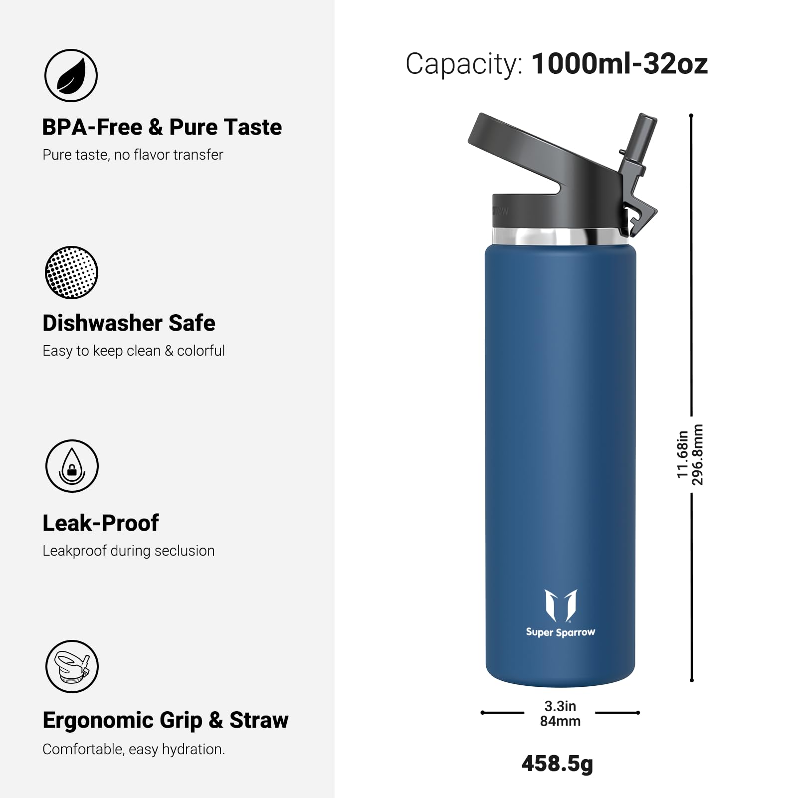 Super Sparrow Borraccia Termica - 500ml, 750ml, 1000ml, 1.2L, 1.5L- SwivelSip Inox Bottiglia - Senza BPA Borracce Termiche, Borraccia Ergonomica per Bambini, Sportiva, Bici, Campeggio, Palestra