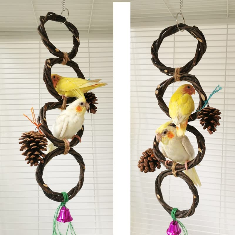 ArinkO Columpio de Madera para Loros con piñas para trepar y Tejer, Ideal para periquitos y cacatúas (Plata)