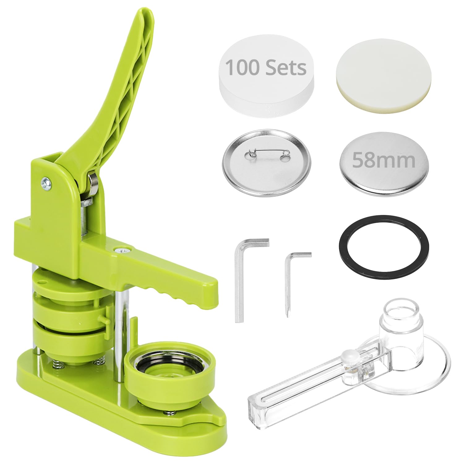 QWORK® Zestaw do robienia odznak, maszyna do odznak z materiałami do 100 szt. odznak z agrafką 58 mm, wymienna forma i okrągły nóż do papieru