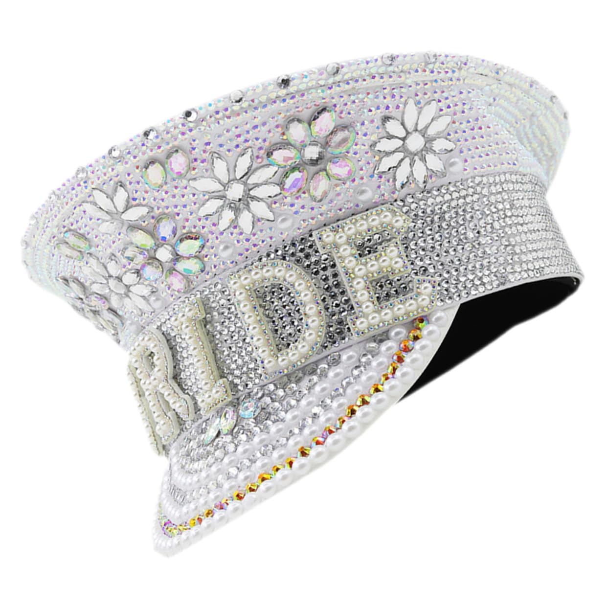 Sombrero Blanco Adecuado para Despedidas de Soltera y Bodas Gemas de Imitación, Ajustable y Cómodo Accesorios Delicados y Brillantes de Novia para Mujeres
