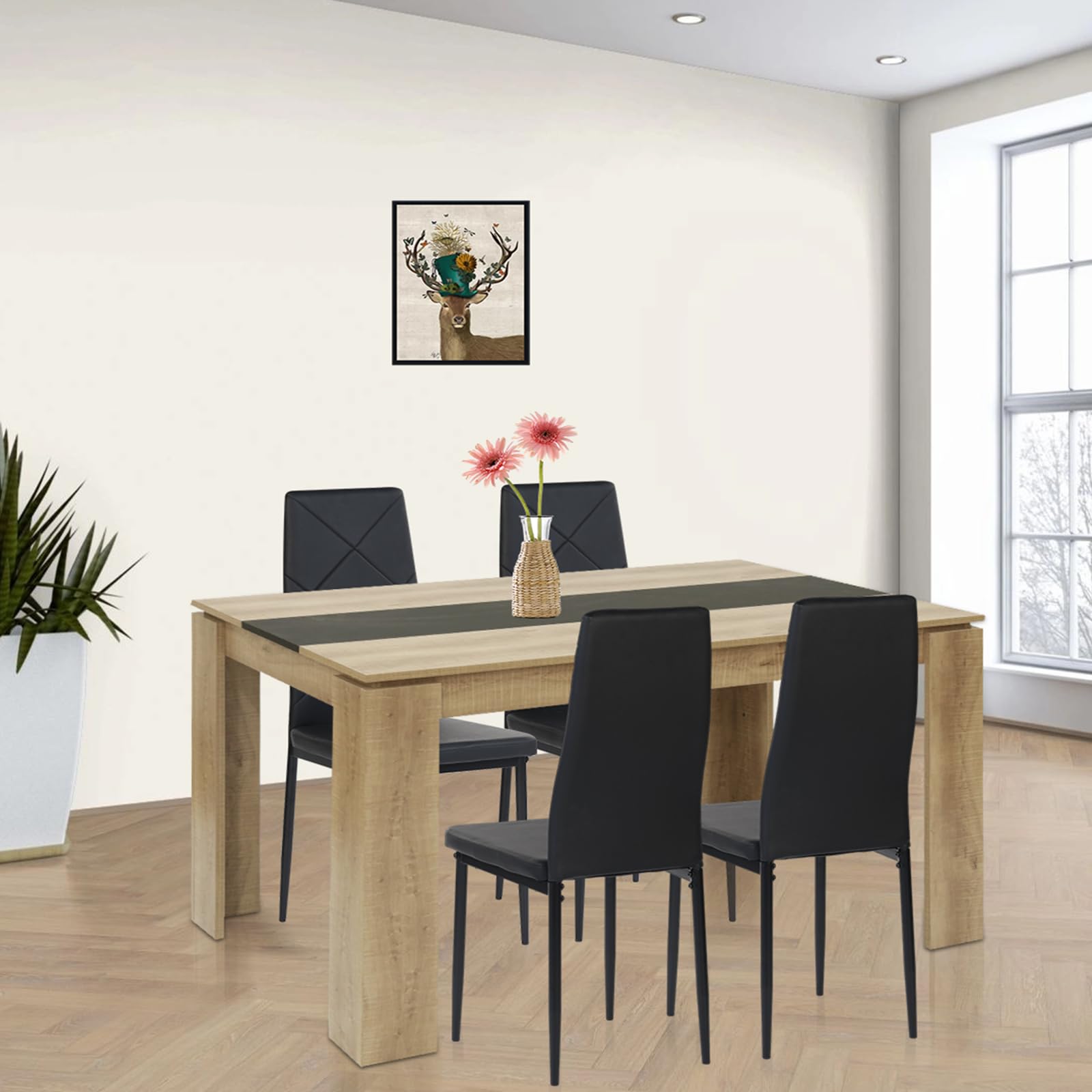 Ensemble de salle à manger rectangulaire en bois avec table 140 x 70 cm et 4 chaises noires pour salon, cuisine ou bureau