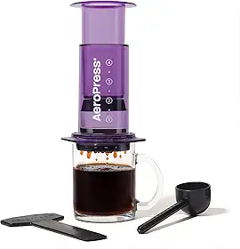 AeroPress Clear Purple Coffee Press, prensa francesa multifuncional, cafeteira manual estilo espresso e pour-over, preparo em 2 minutos, cafeteira portátil pequena para viagem e acampamento