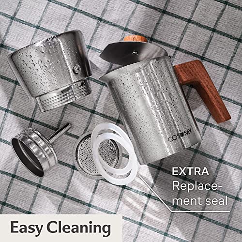 Cosumy Espresso Maker Induction - Stainless Steel Moka Pot 6 Cups - Coffee Maker Suitable for All Hobs - FSC® Oak Wood - Image 4