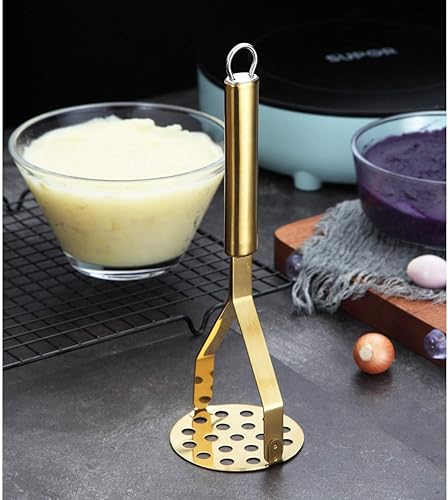 Miniatura 2 de Berglander Triturador de papas, acero inoxidable resistente con chapado de titanio, triturador de cocina, triturador de frutas y verduras (dorado)
