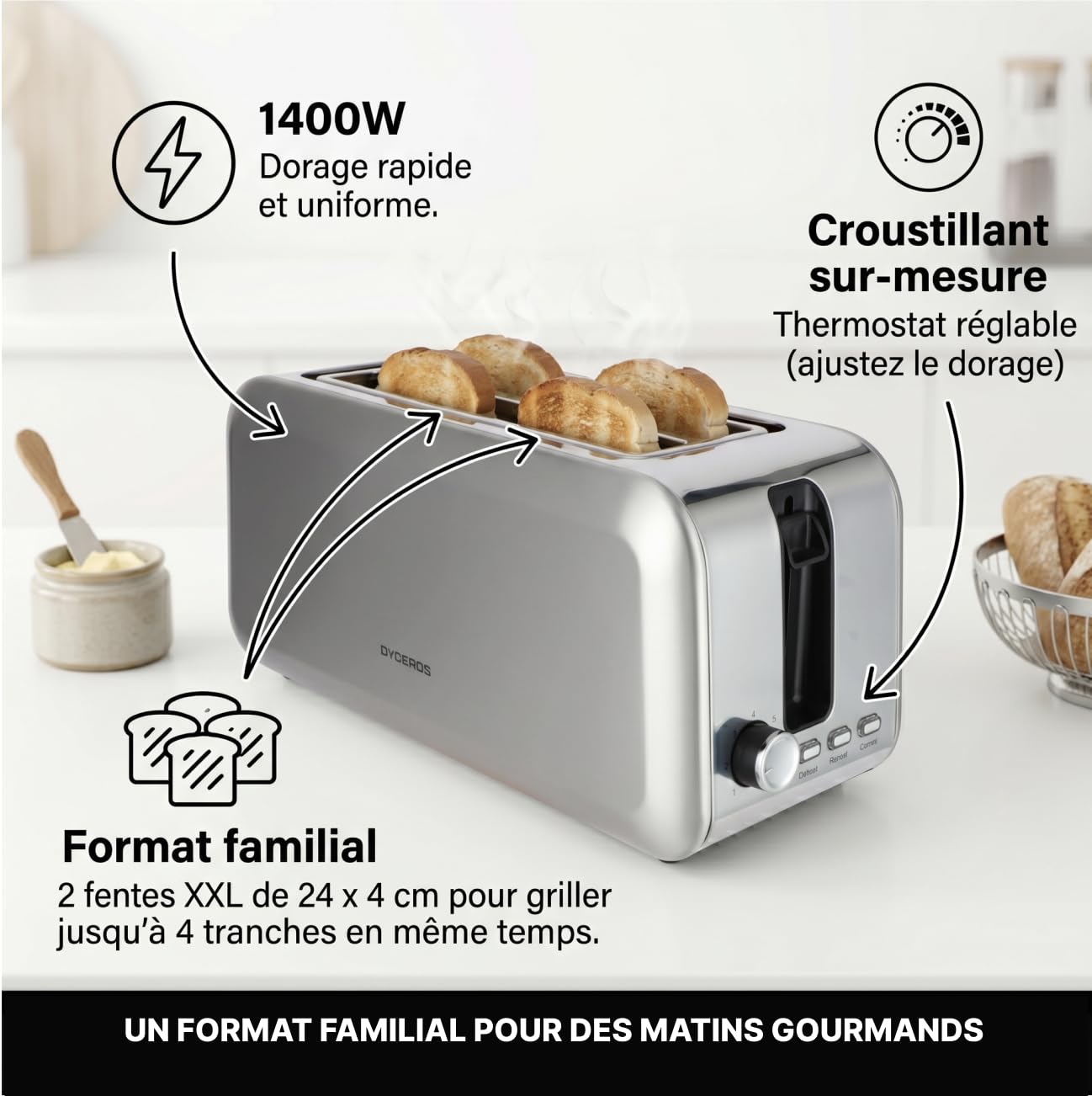Grille-pain Crusteo 1400W | 4 tranches, fentes larges et longues – Acier inoxydable