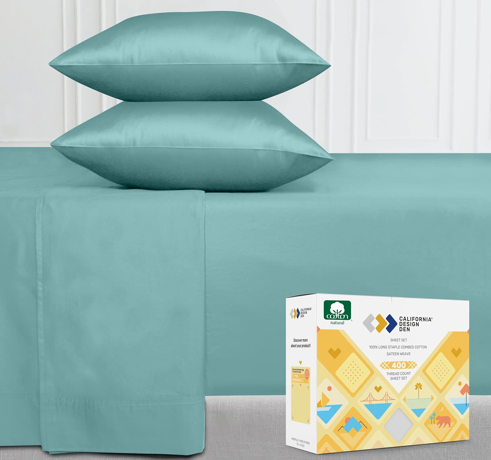 California Design DenSoftest 100% Cotton Sheets, Twin XL Sheets Set, 3 Pieces, 400 Thread Count Sateen, Bedding for Kids, Dorm Rooms & Adults, Deep Pocket Sheets, Cooling Sheets (Teal)