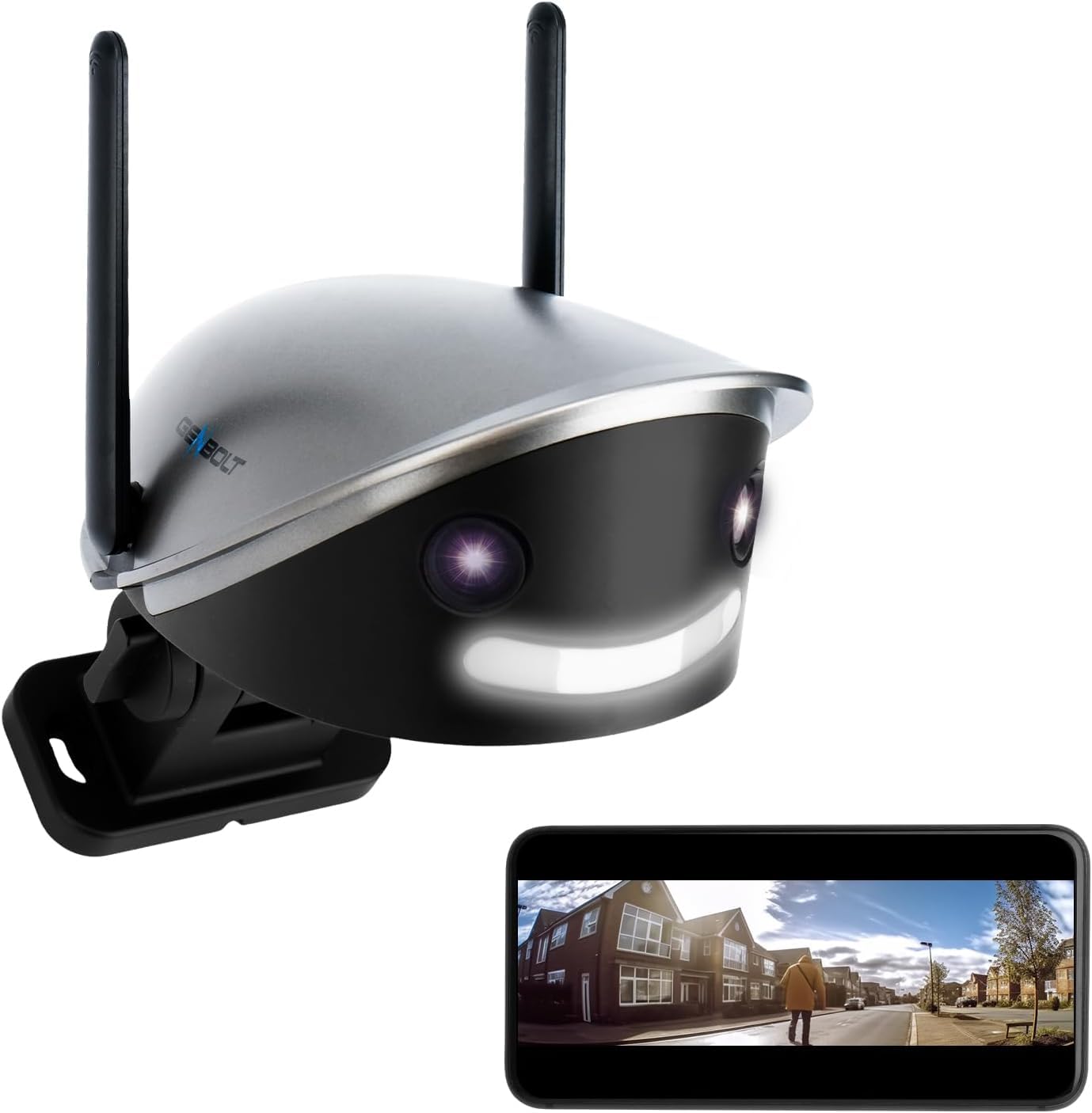 Cámara de Seguridad WiFi GENBOLT para Exteriores 2.5K, Cámara de Vigilancia para el Hogar CCTV 4MP con Lente Dual, Cámara IP Panorámica de 180° con Visión Nocturna en Color