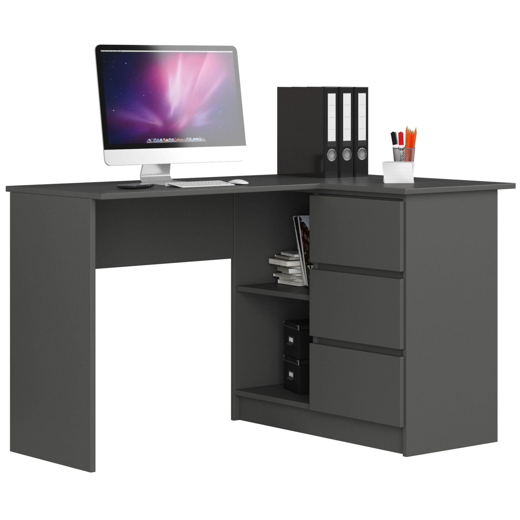 AKORD Bureau d'angle | Table avec Meuble de Rangement intégré et modulable avec 3 tiroirs et 2 étagères | L124 x H77 x P85 | Fourniture Bureau | Gris Graphite