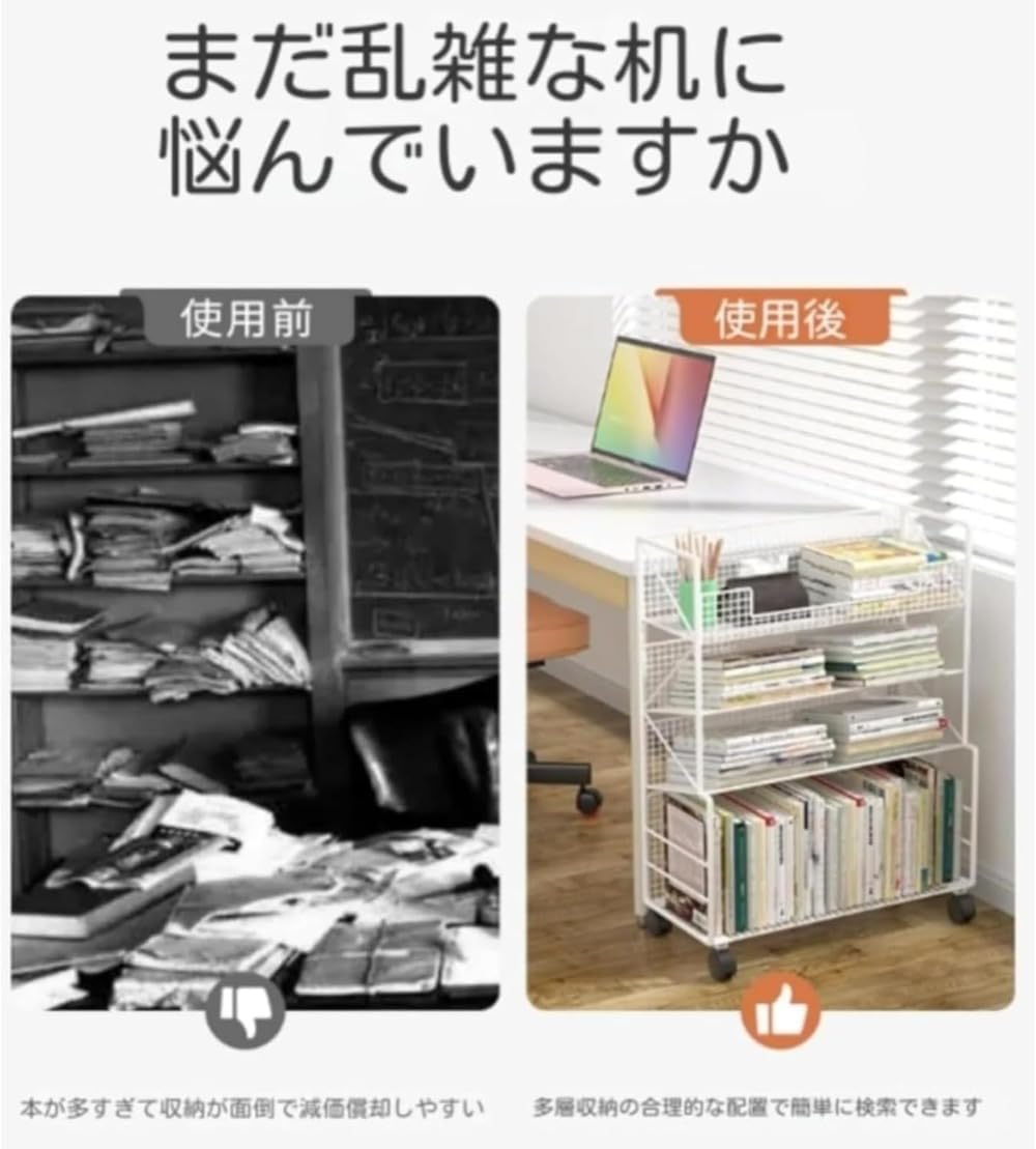 Wafity収納棚 本棚 デスクトップ 本棚 キャスター付き スリム ファイルカート コミック 教科書 雑誌 学校 オフィス 収納キ