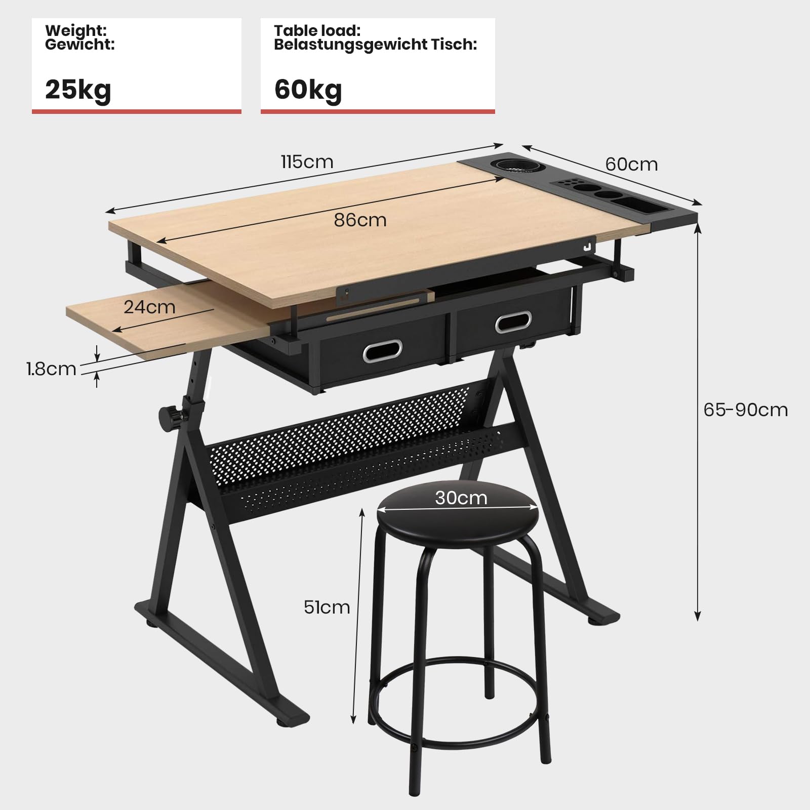 MIADOMODO® Tavolo da Disegno - Piano Inclinabile, Altezza Regolabile, con 2 Cassetti e Sgabello, Artistico, da Architetto - Scrivania da Disegno Tecnico