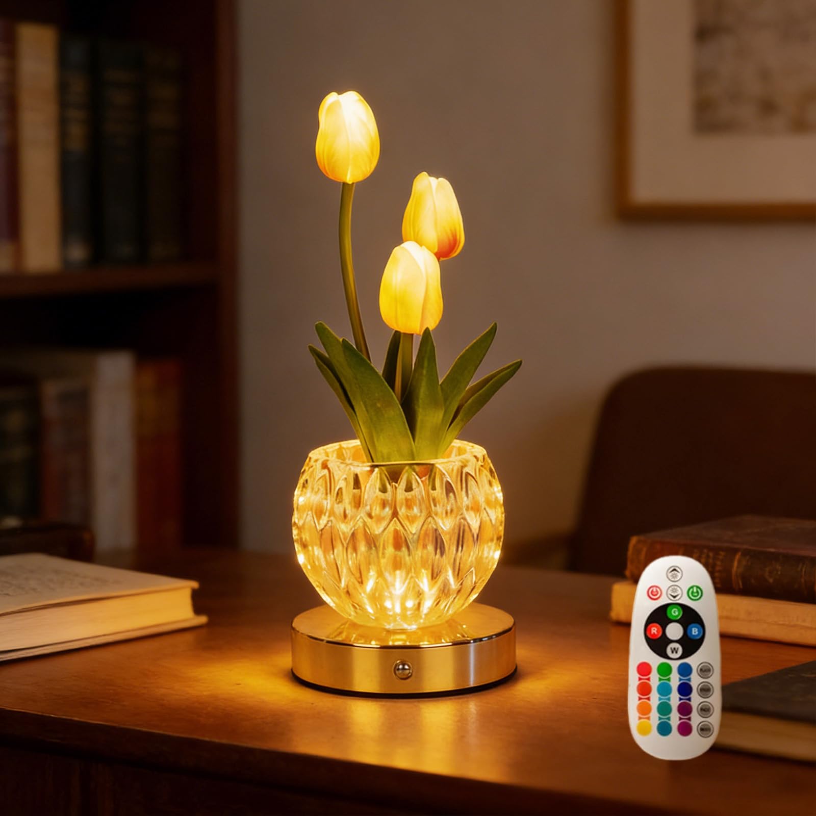 AVEKI Crystal Table Lamp, 16 Color Touch Tulips Vase Light with Remote Control, Dimmable Artificial Flowers Desk Lamp Decor for Date Party Home, Romantic Gift for Woman Mom (Tulips-Pink)