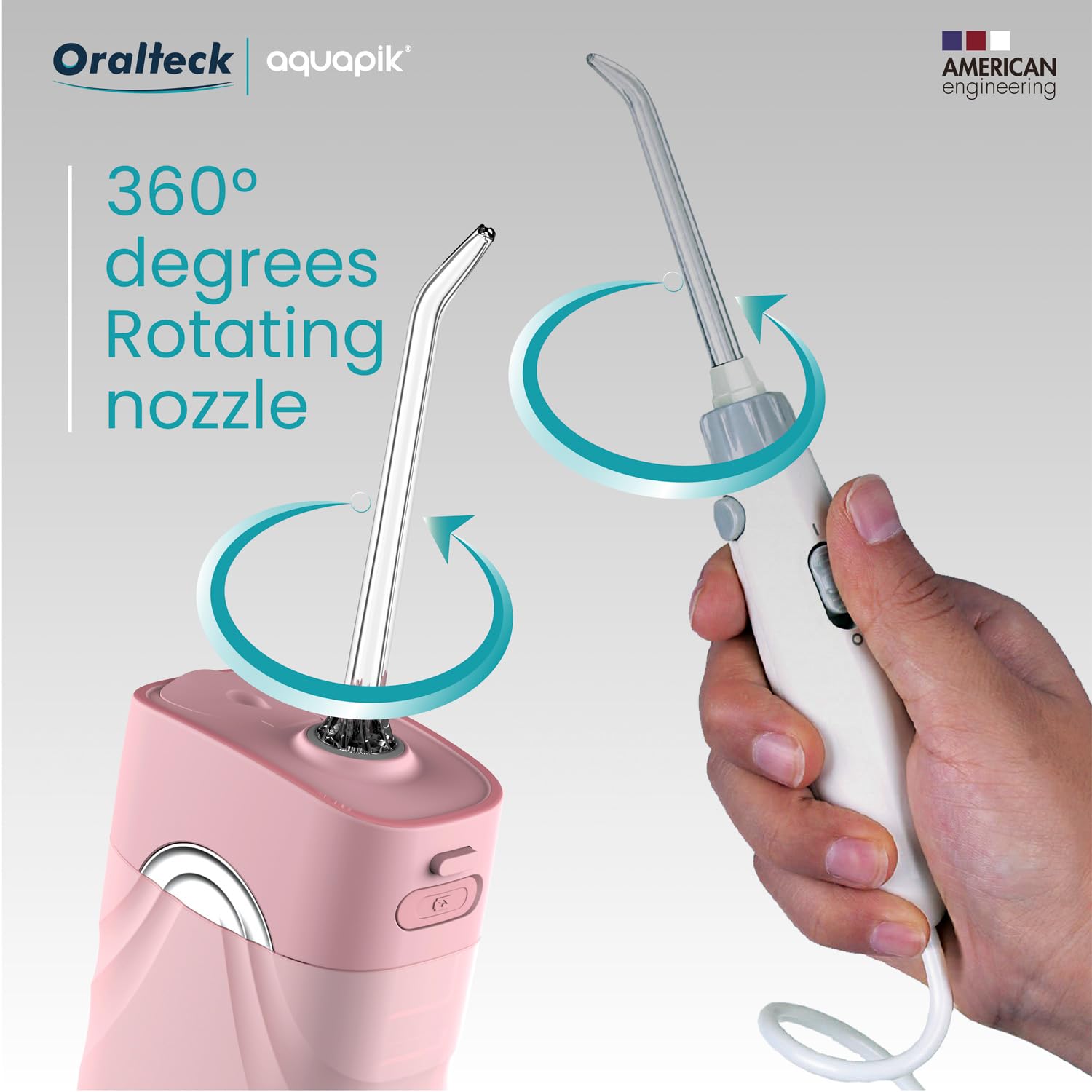 Aquapik® DUO irygator do jamy ustnej Aquapik® 100 Desktop + Aquapik® Mini, przenośny, zalecany przez dentystów + środek do usuwania płytki nazębnej + pielęgnuje implanty i ortodoncję, głęboka higiena