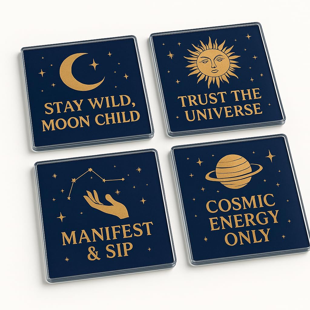 The Plum Penguin Celestial Sipset Acrylic Coaster Gift Set Of 4 - Design For Astrology Enthusiasts - Inspirational Home Decor