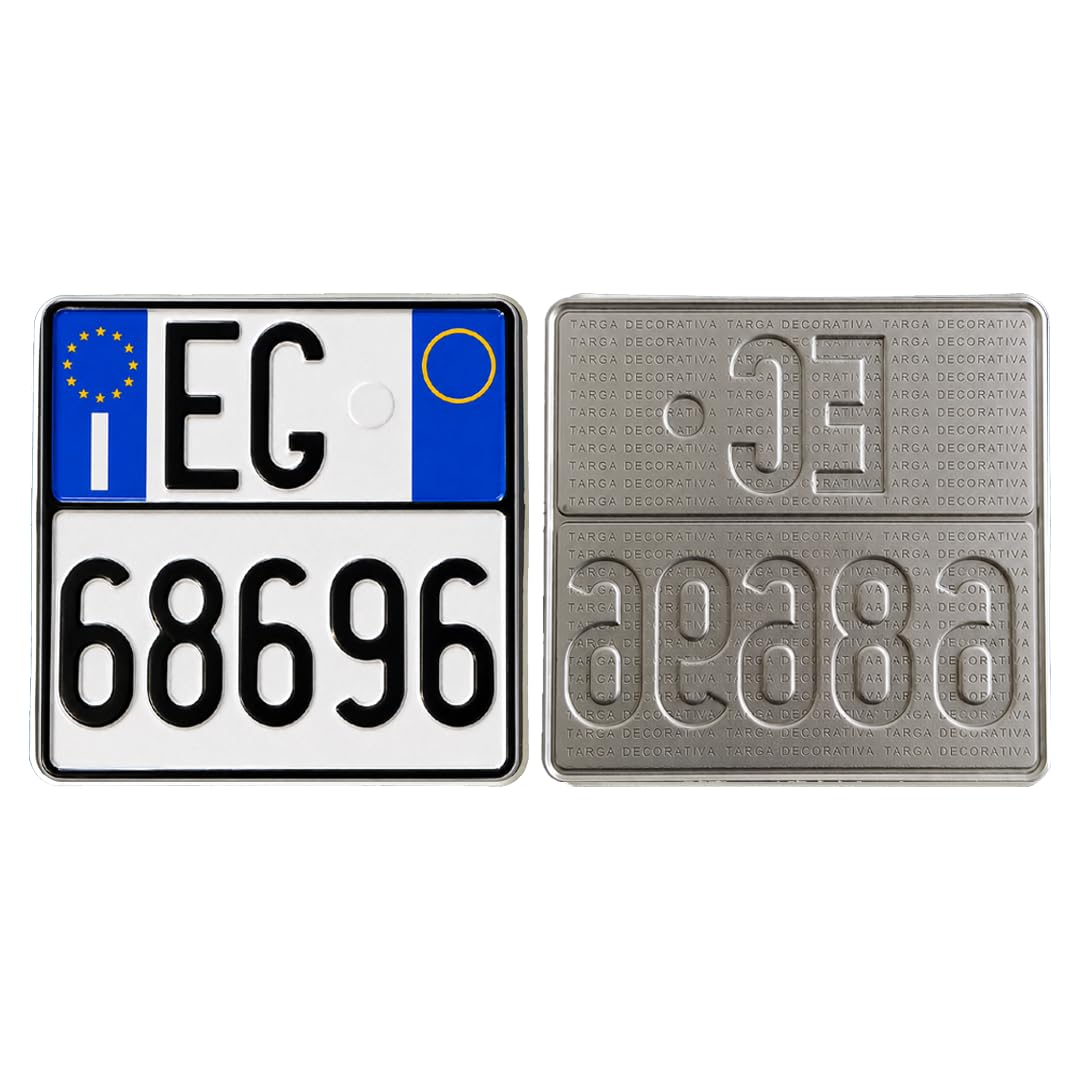 Targa Decorativa - Formato Modello Moto - in Alluminio Catarifrangente con Lettere e Numeri in Rilievo Punzonati, Personalizzabile, Made in Italy