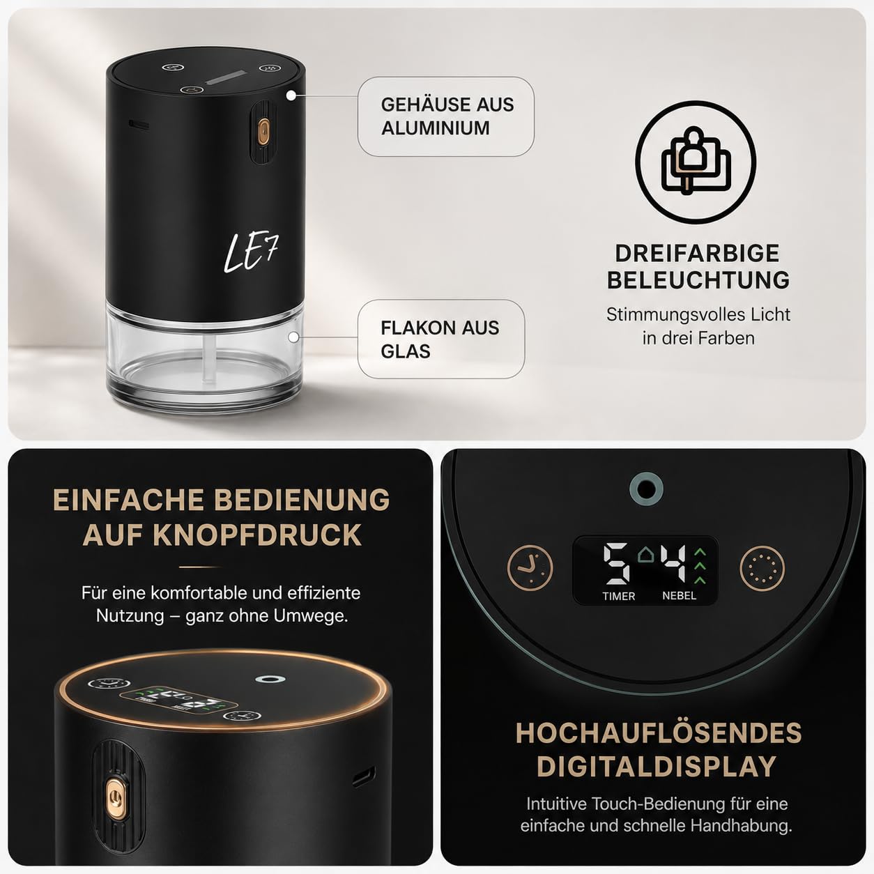 Diffuser, Lime Essence Duft 50ml, Elektrischer Auto Lufterfrischer mit Akku, Intelligenter KI-CHIP, Timer & LED Licht, Autoparfum & Raumduft für Auto, Büro & Zuhause (Schwarz) (Lime Essence)