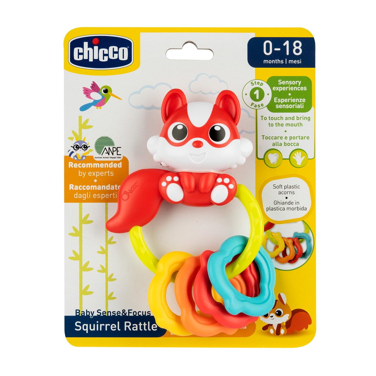 Chicco Grzechotka Wiewiórka, 4 Kolorowe Żołędzie z Miękkiego Plastiku na Ząbkowanie, Łatwa do Uchwycenia, Zachęca do Aktywności Sensorycznej i Manualnej, Zabawki dla Niemowląt 0-18 miesięcy