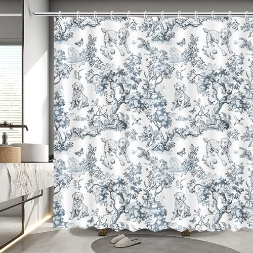 MEHOFOND Rideau de douche en toile de Jouy – Rideau de douche vintage bleu pour salle de bain Cottagecore – Rideau de douche en tissu imperméable avec 12...