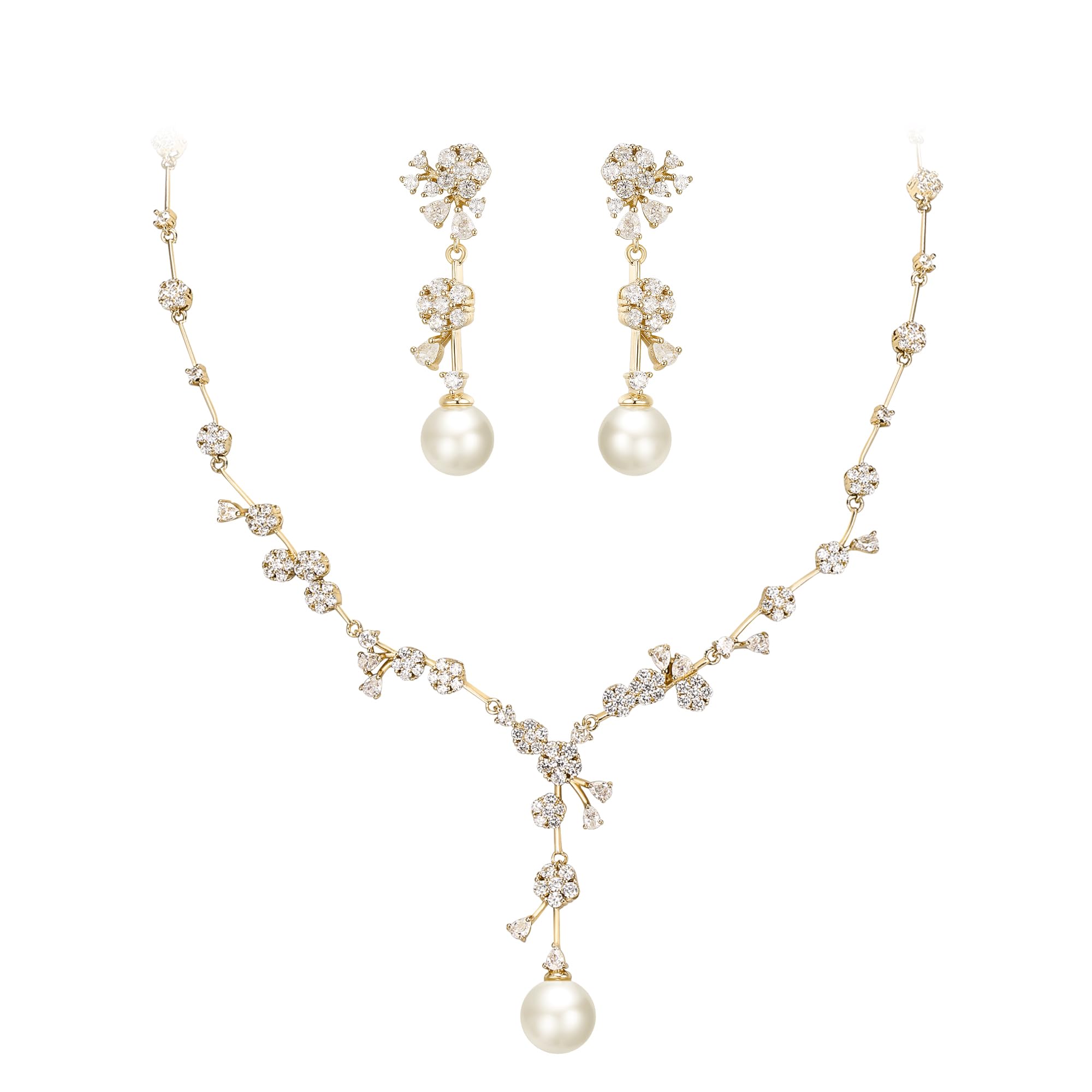 White Faux Pearl Leaf Vine Bridal Cubic Zirconia Jewelry Set for Women
