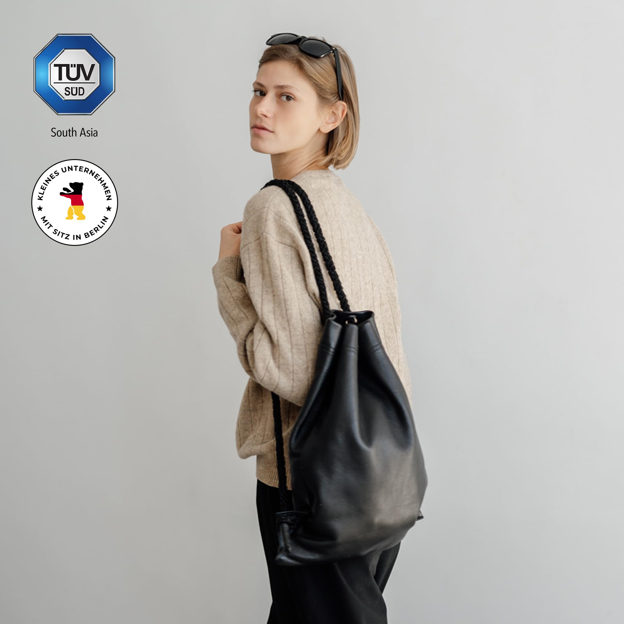 Berliner Bags Premium Turnbeutel Gym Bag aus Leder, Sportrucksack mit Kordelzug für Damen und Herren - Schwarz