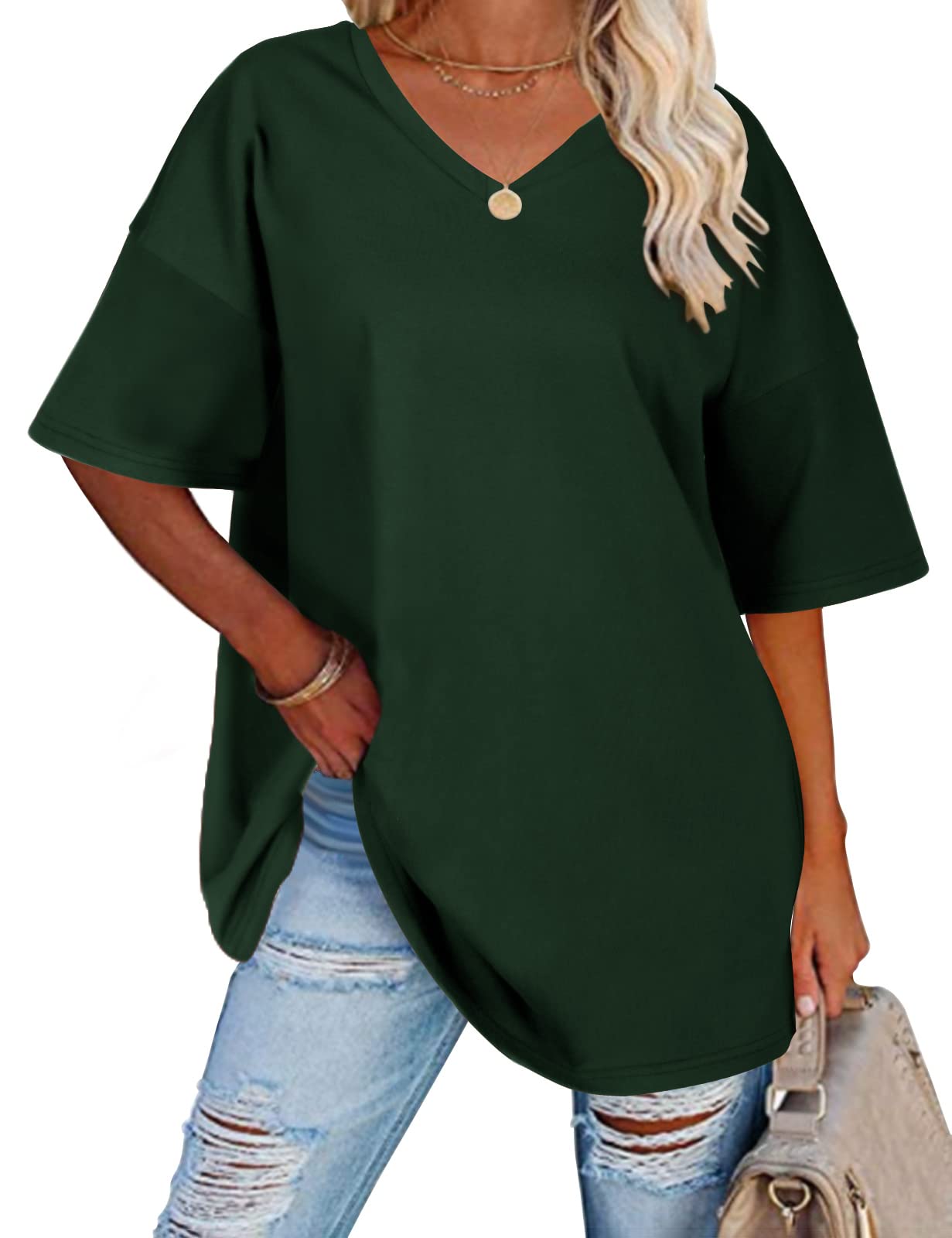 heekpek Camiseta Manga Corta Mujer Talla Grande Verano Cuello en V Holgada Algodon T-Shirt Mujer Oversized Casual Básica Camiseta de Mujer