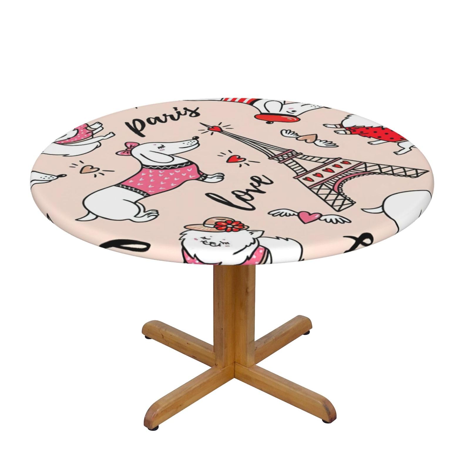 Migpkd Parisian Dachshund And Eiffel Tower Round Tablecloth Waterproof Elastic Fitted Table Covers For 35" - 55" Tables