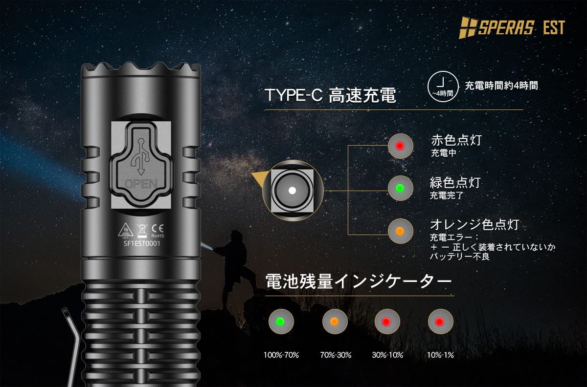 SPERAS【EST】LED 充電式 懐中電灯 フラッシュライト ハンディライト 防水 登山 明るさ最大1900ルーメン アウトドア キャンプ 防災完全防水 Amazon | SPERAS【EST】LED 充電式 懐中電灯 フラッシュライト