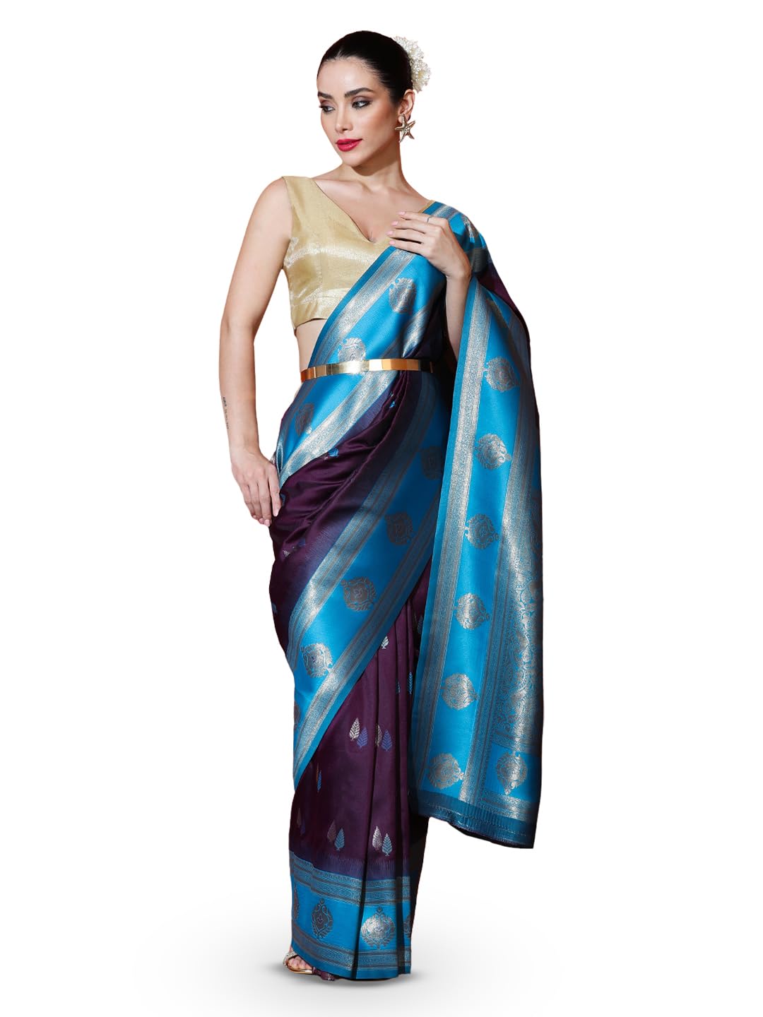 sarha Women's Silk Saree with Unstiched Blouse | Zari Leaf Motifs | Classic Ethnic Saree with Contrast Border-picture-19