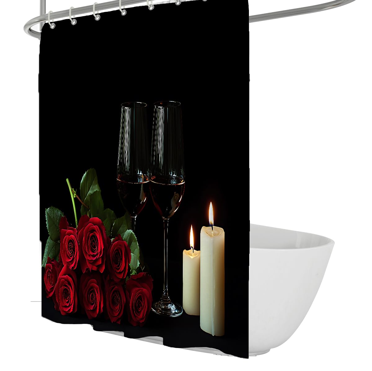 Eleganter Duschvorhang mit schwarzem Hintergrund, romantische rote Rosen, brennende Kerzen und Weingläser, Duschvorhang, luxuriöse Badezimmerdekoration wasserdicht 180 x 200 cm