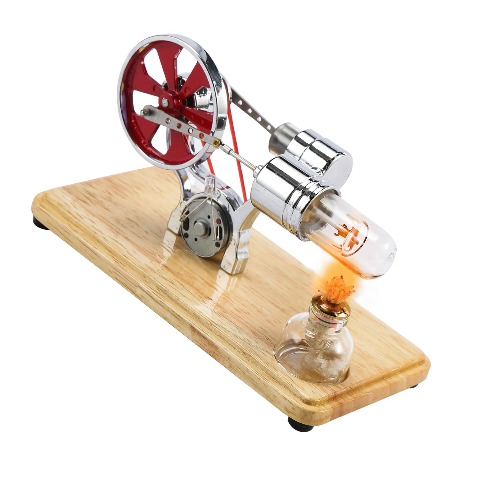 Moteur Stirling Machine à Vapeur avec Plaque de Base en Chêne et Lumières LED Argent
