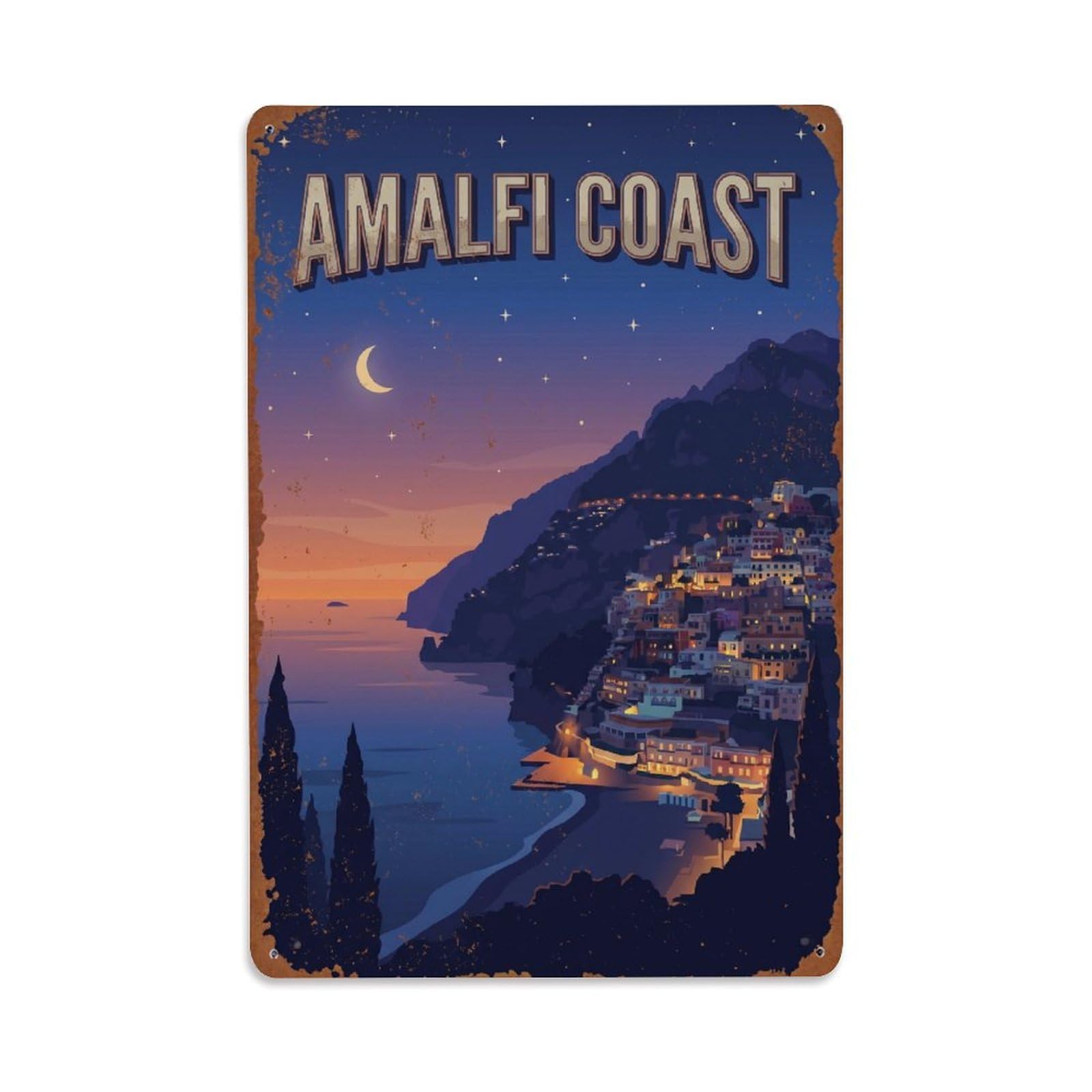 Vintage Travel Nightfall Italy Coastal Metal Tin Sign