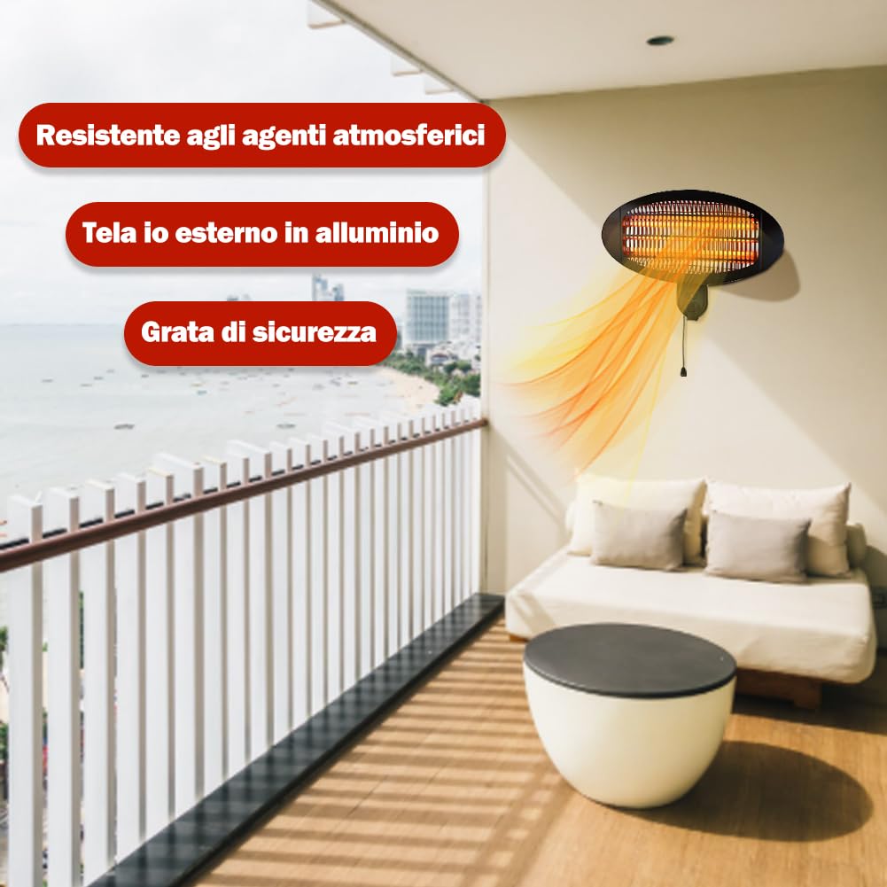 Stufa a Parete da Esterno e Interno 2000W con 3 Elementi Riscaldanti Basso Consumo Energetico per Patio Gazebo Bar Ristoranti Lampada Infrarossi Quarzo